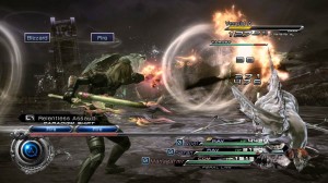 Final Fantasy XIII-2: Screenshots showing characters wearing the N7 armour
