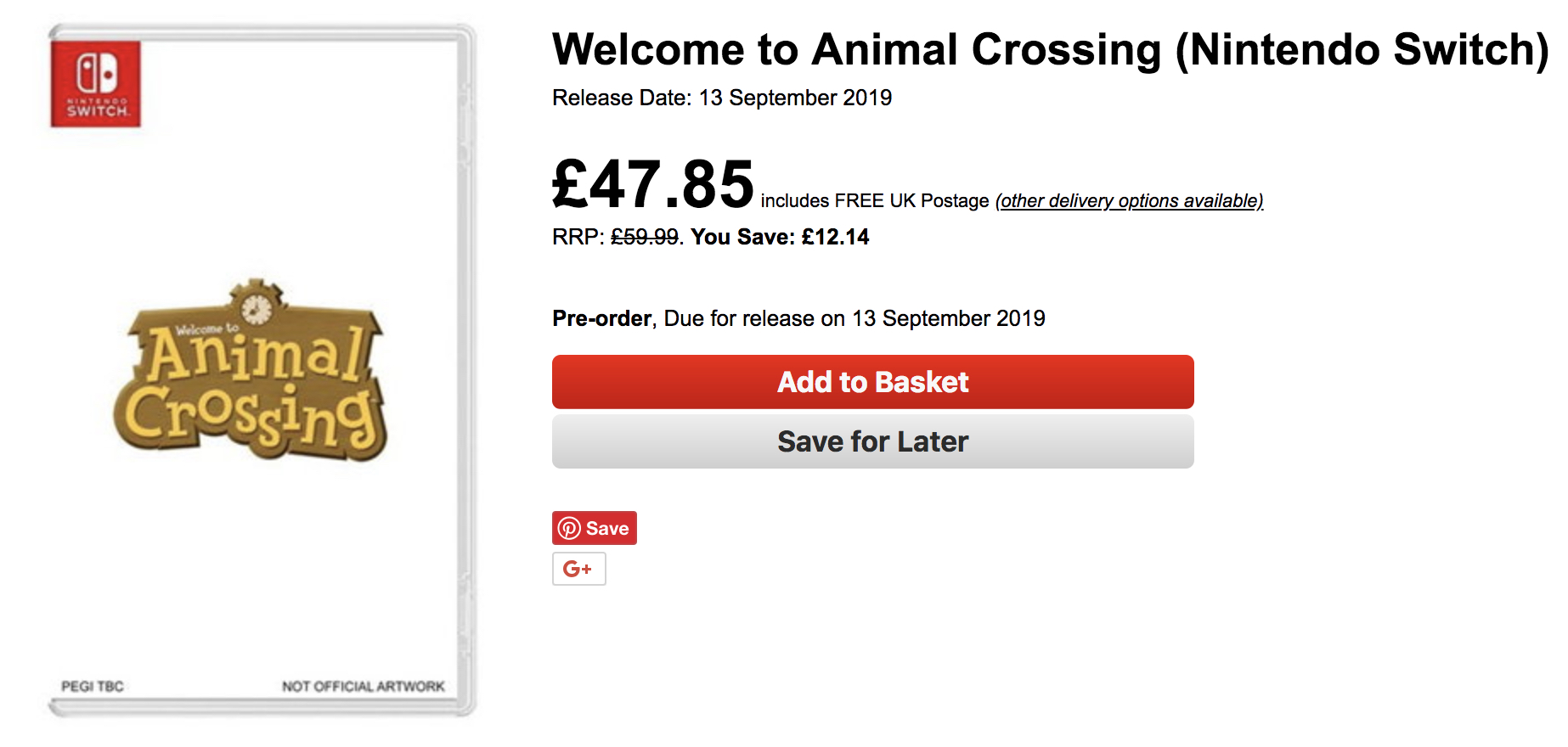animal crossing switch retailer listing