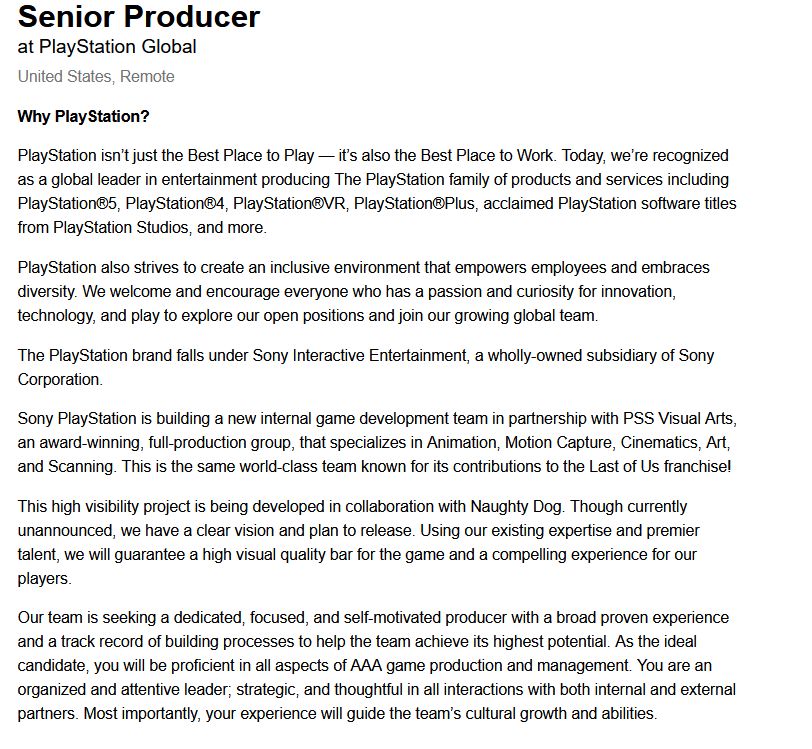 PlayStation Global - Senior Producer listing