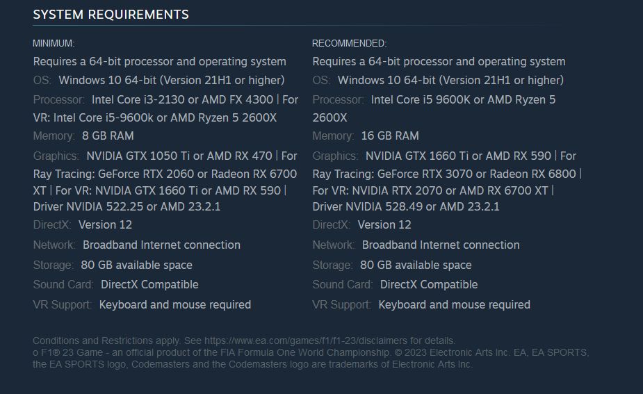 F1 23 - PC requirements