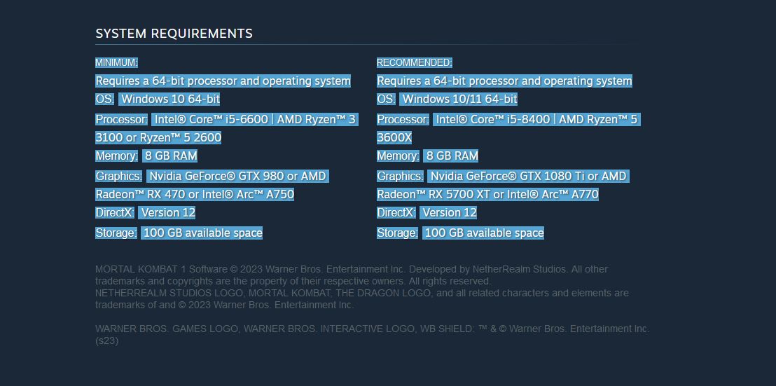 Mortal Kombat 1 PC Requirements
